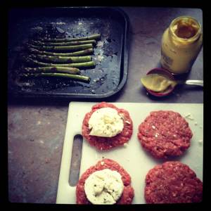 Extra lean burgers stuffed with goat cheese. 
